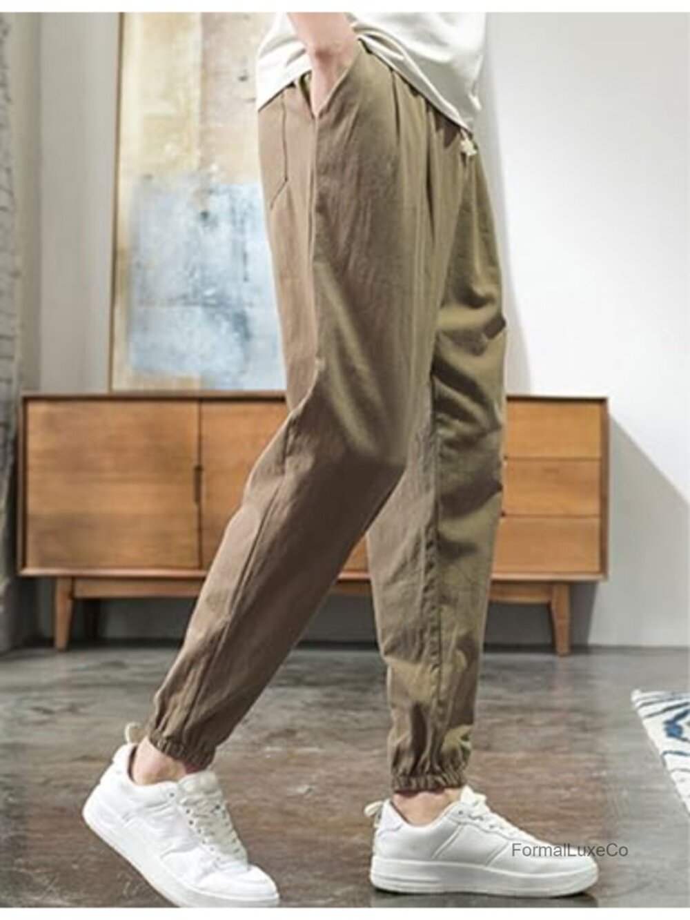 Linen Blend Drawstring Harem Pants for Men, Elastic Waist Lightweight Casual - Picture 2 of 4